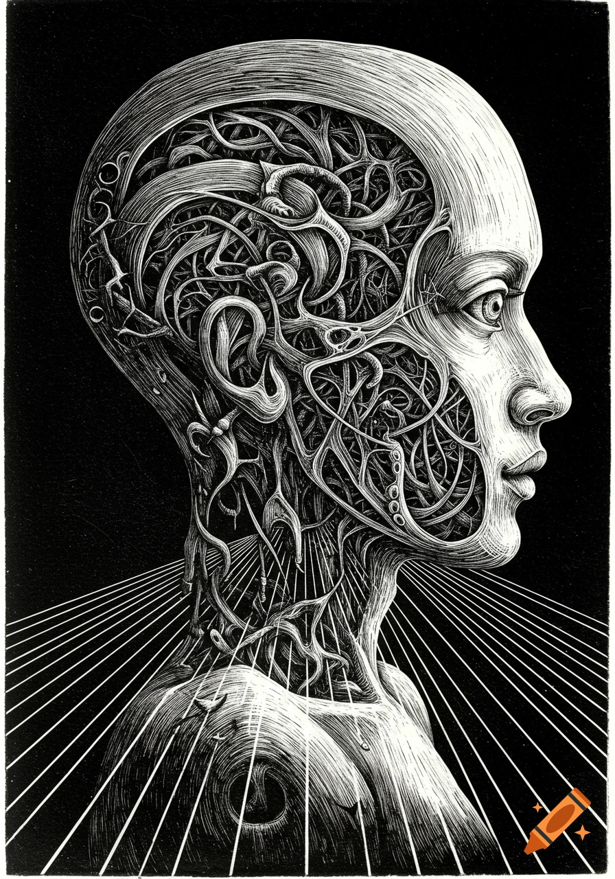 Surreal black and white line engraving of a head in profile, showing intricate organic forms inside, with radiating lines.