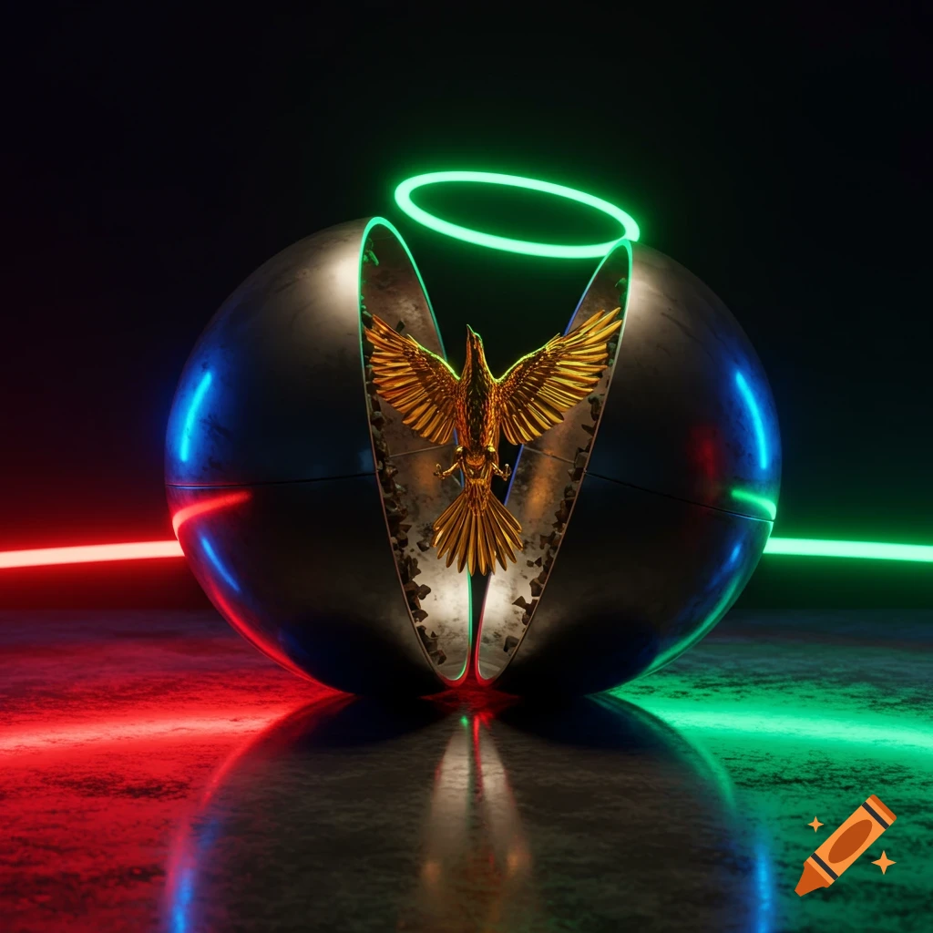 Hyper-realistic metallic sphere splitting open to reveal a golden bird, illuminated by red, blue, and green neon lights on a reflective surface.