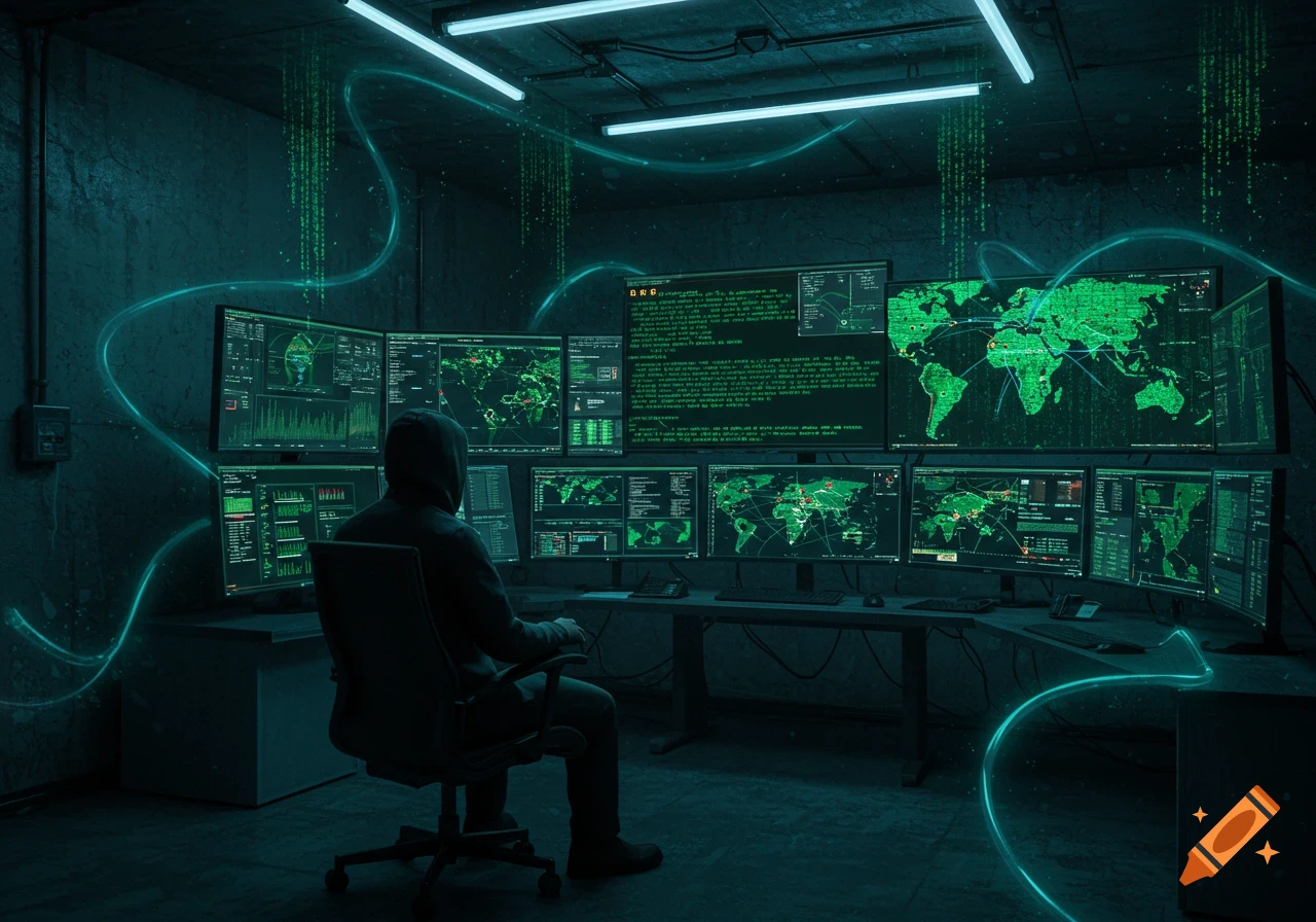 A hooded hacker sits in a dark room, surrounded by multiple glowing green monitors displaying world maps and data with blue neon light trails.