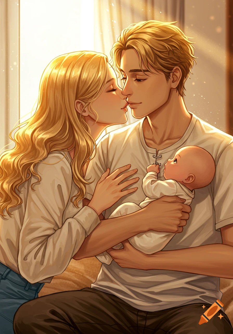 Digital illustration of a blonde woman kissing a man holding a baby, bathed in warm sunlight.