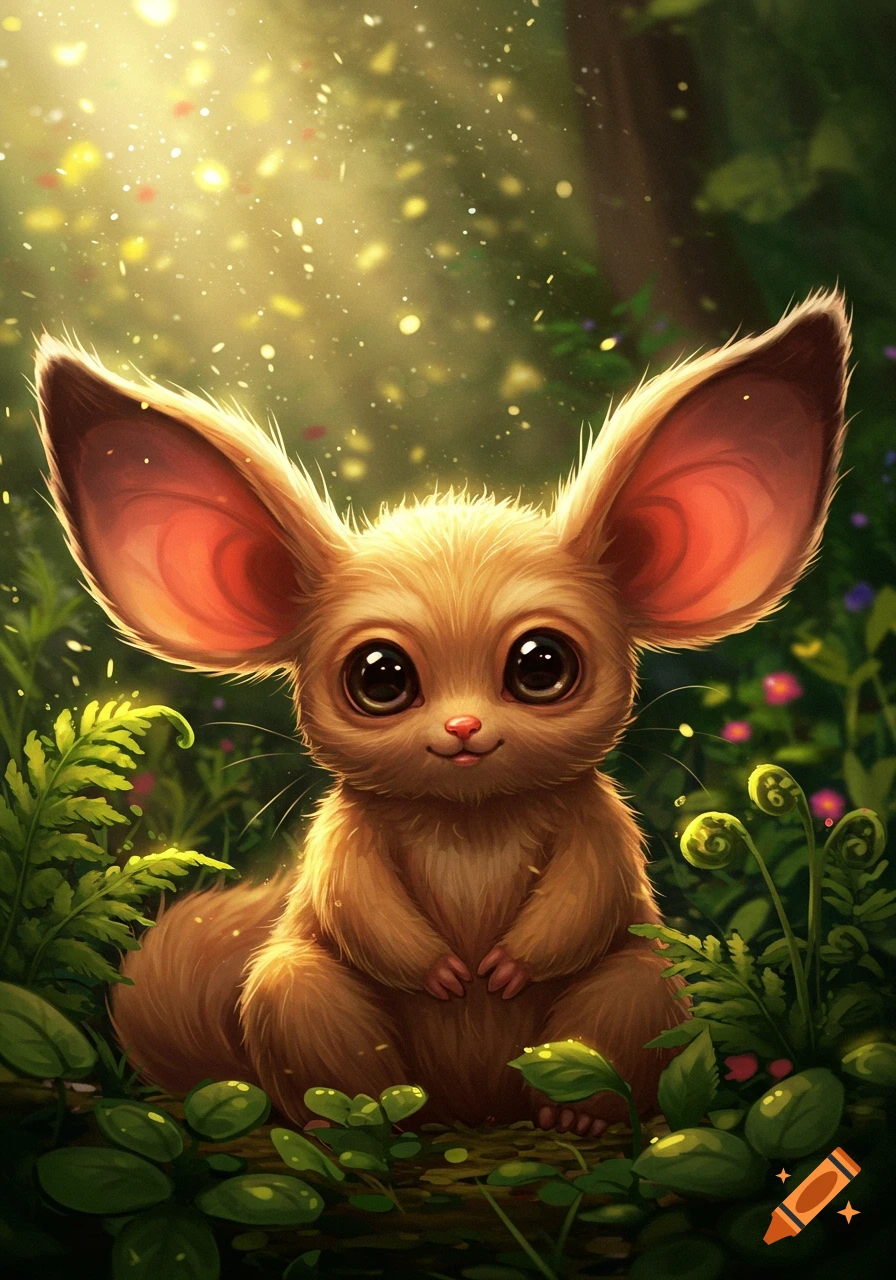 A small, fluffy, brown creature with large ears and big eyes sits in a lush forest under sparkling light.
