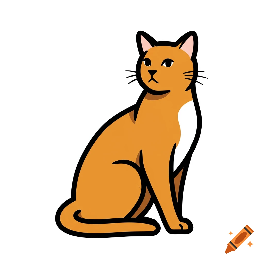 A stylized orange cat with black outlines and white markings on its chest and ears, sits looking forward on a plain white background.