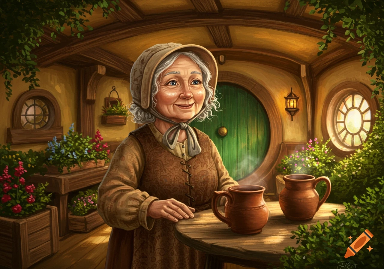 Illustration of a smiling old woman in a bonnet in a cozy Hobbit home with a green door and steaming mugs.