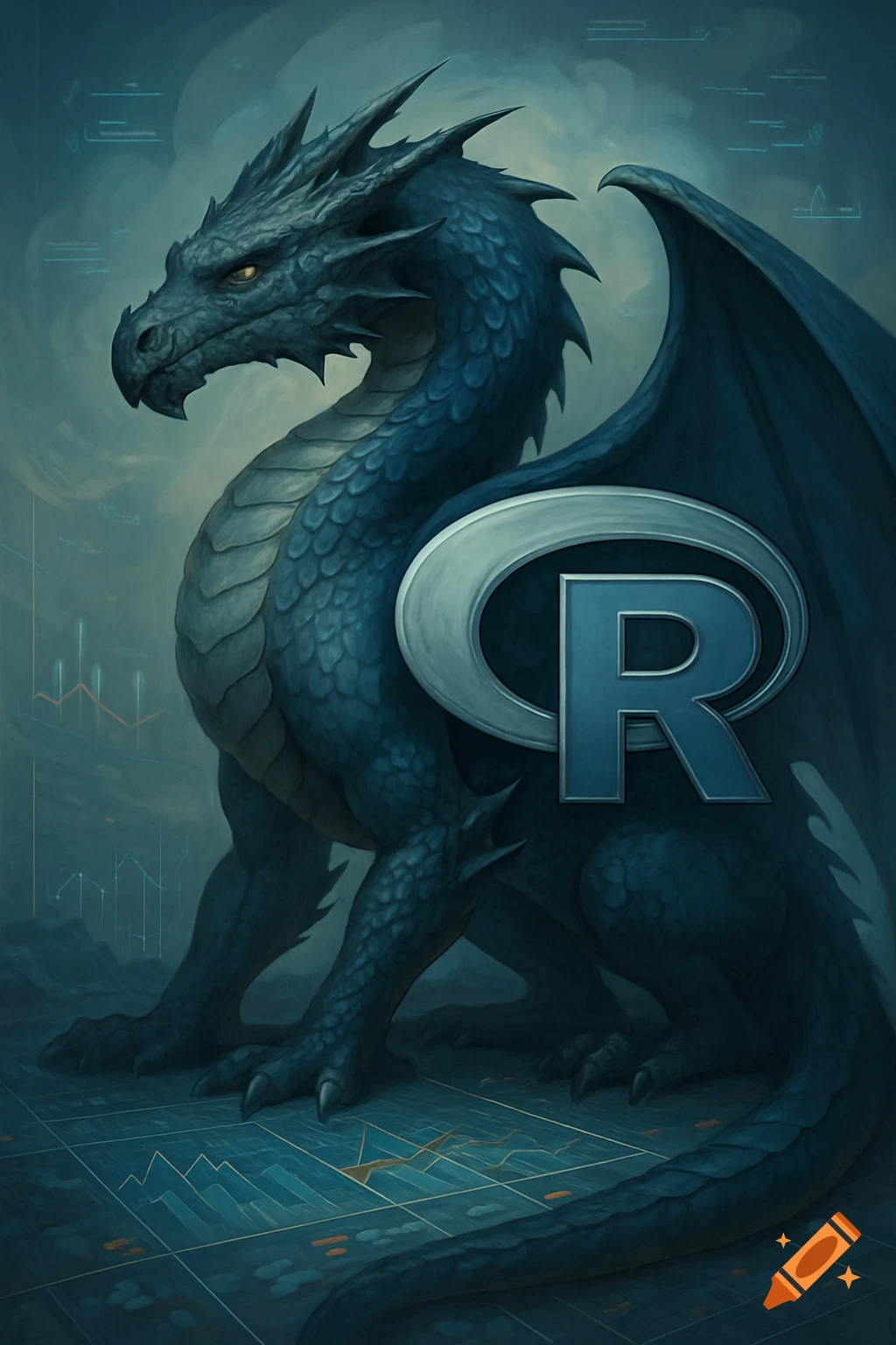 A blue-scaled dragon with glowing eyes sits, featuring a silver and blue R programming language logo on its wing, with data charts in the background.