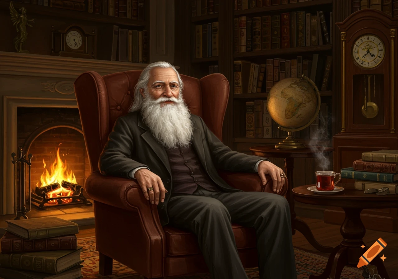 An old man with a long white beard and dark suit sits in a red armchair by a fireplace in a cozy library, with bookshelves, a globe, and a steaming cup on a table.