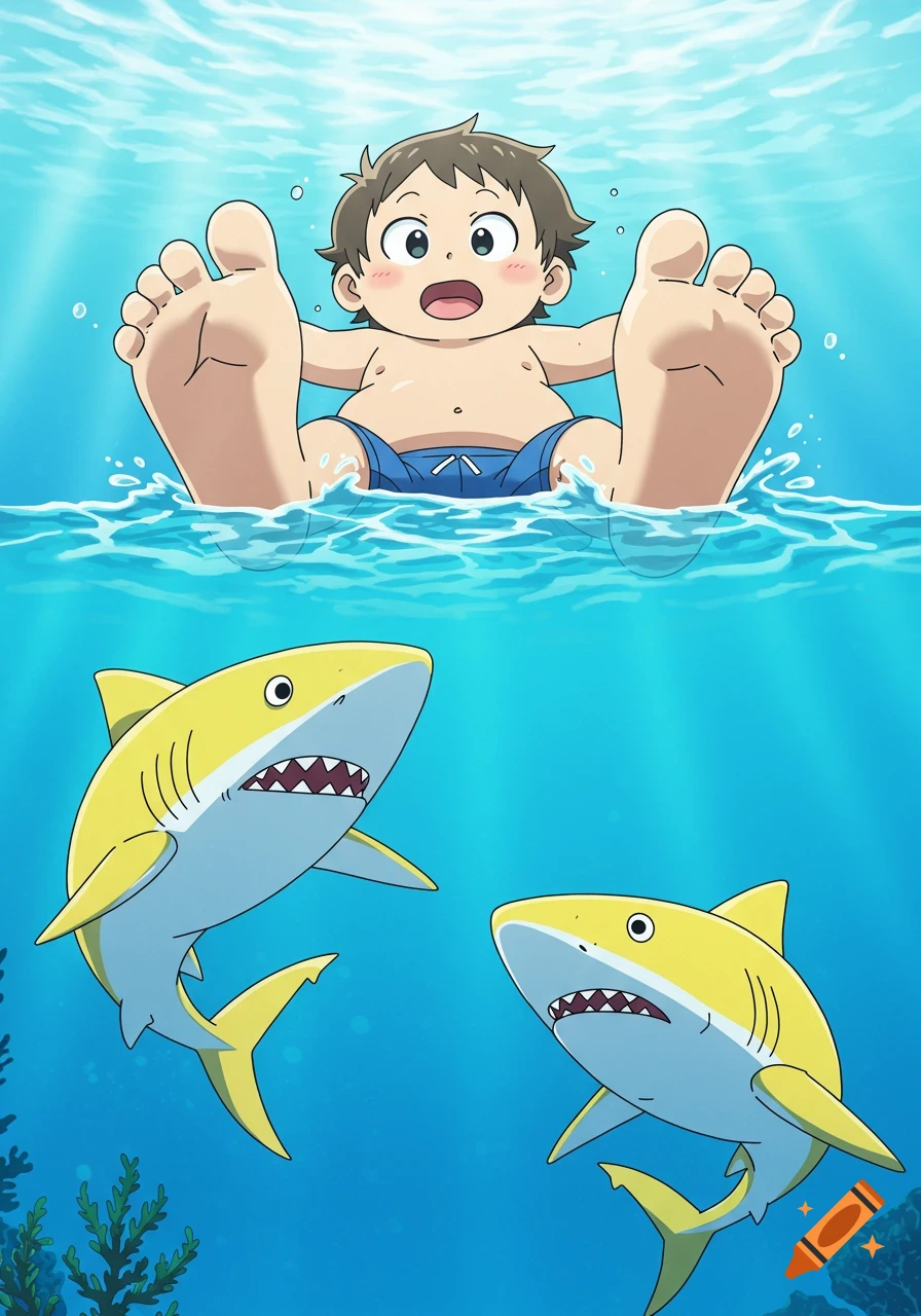 Anime style image of a boy's giant feet in the water above two panicked yellow sharks underwater.