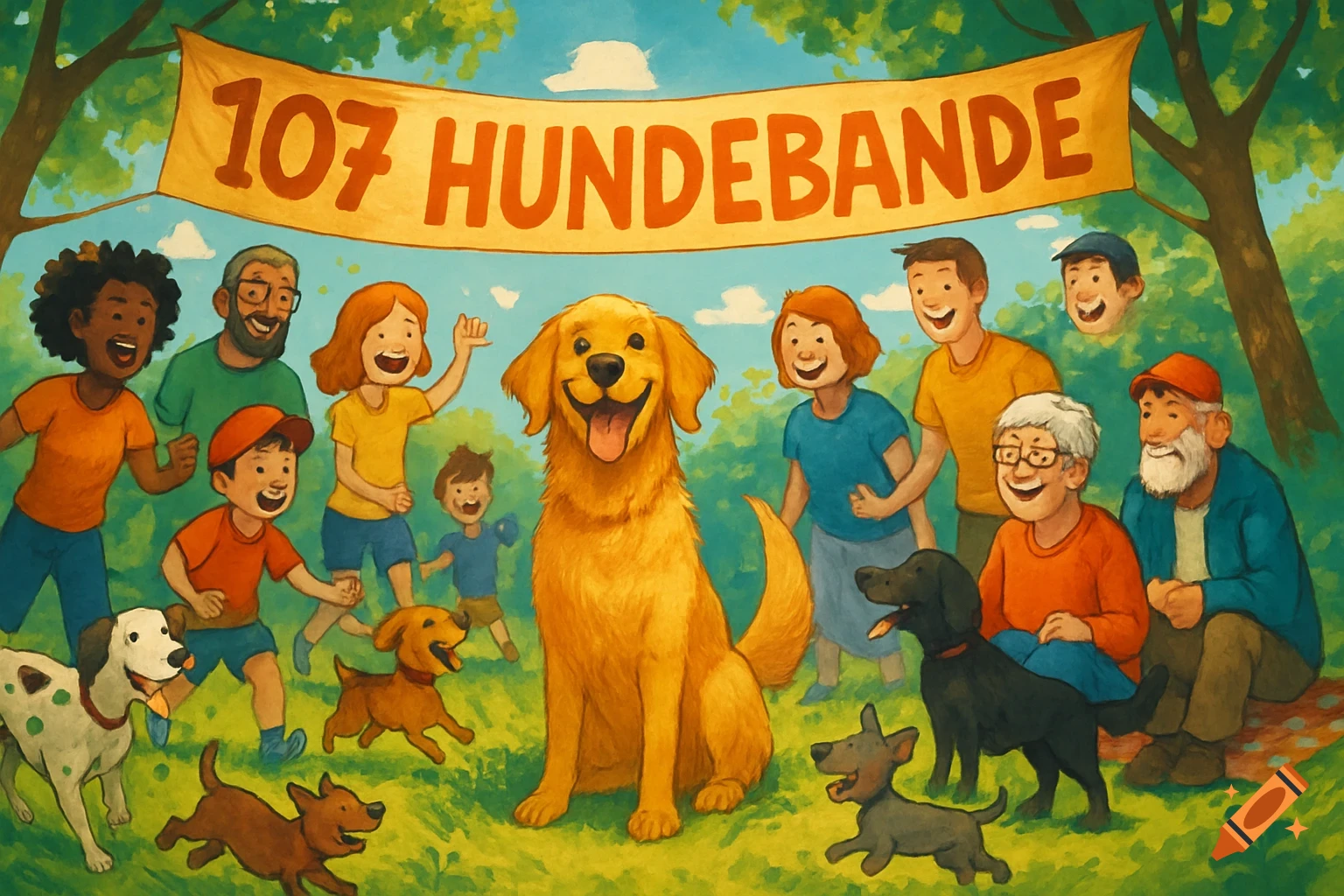 A cheerful illustration of diverse people and many dogs, including a large golden retriever, gathered in a sunny park with a banner that reads '107 HUNDEBANDE'.