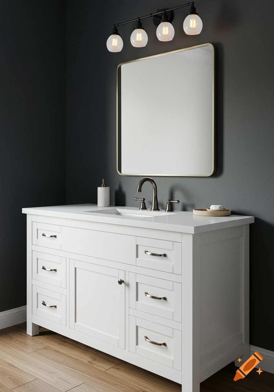 A modern bathroom features a white wood vanity with a white countertop and sink, dark faucet, a gold-framed mirror, and a black four-light fixture against a dark gray wall.