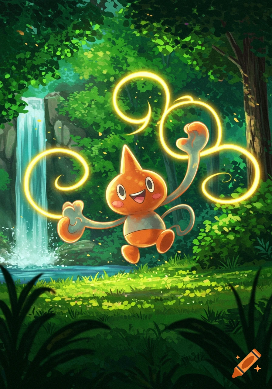 An orange Rotom Pokémon floats in a lush forest with a waterfall, surrounded by glowing yellow energy, in Studio Ghibli style.