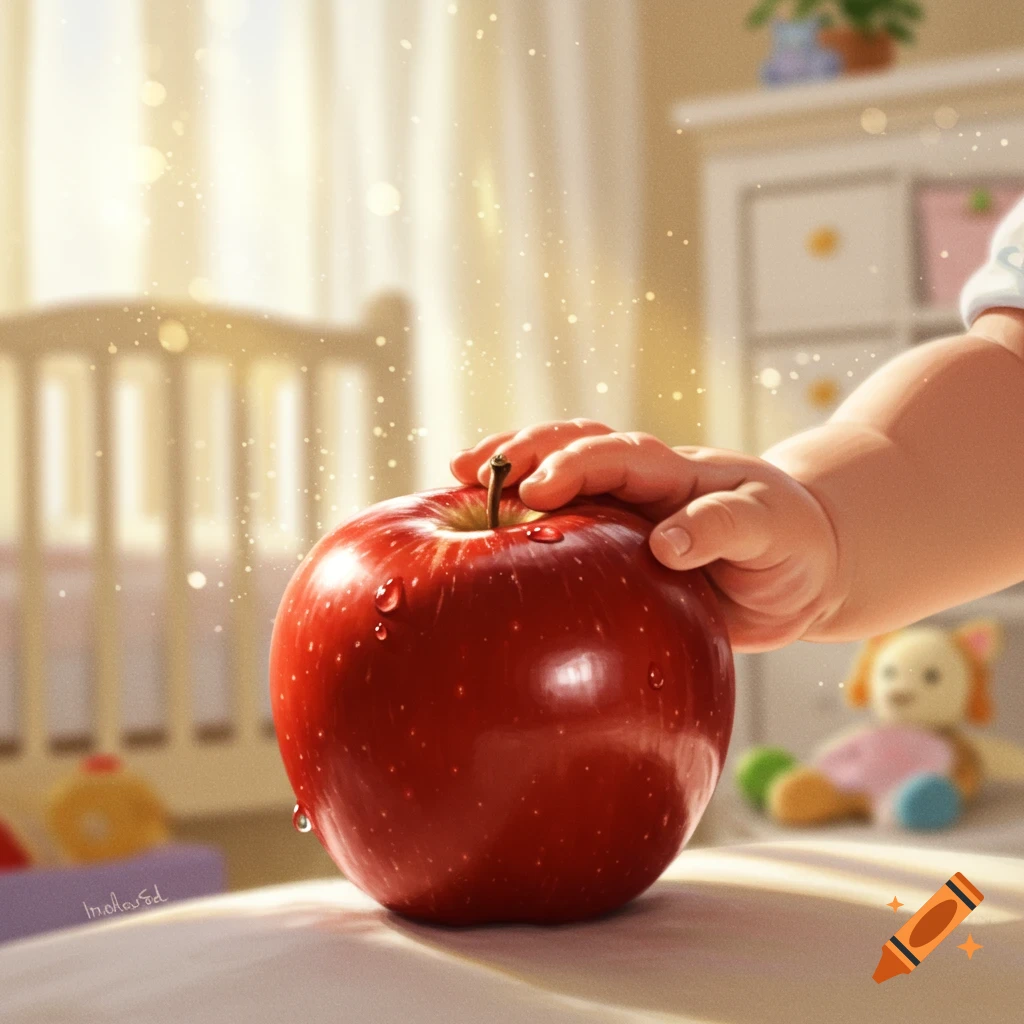 A baby's chubby hand reaches for a wet red apple in a sunlit nursery room, with bokeh lights in the background.