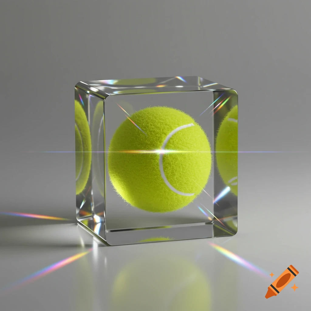 A bright green tennis ball is encapsulated within a clear, reflective glass cube, displaying vibrant lens flares and reflections.