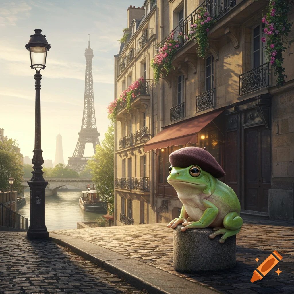 A photorealistic frog wearing a brown beret sits on a stone pillar in Paris, with the Eiffel Tower in the background.