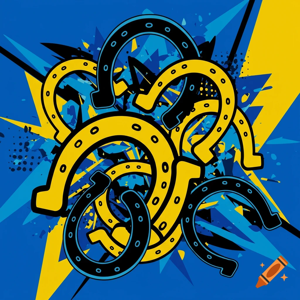 An abstract graphic featuring multiple black and yellow horseshoes overlapping, set against a background of blue and yellow abstract linear and splatter shapes.
