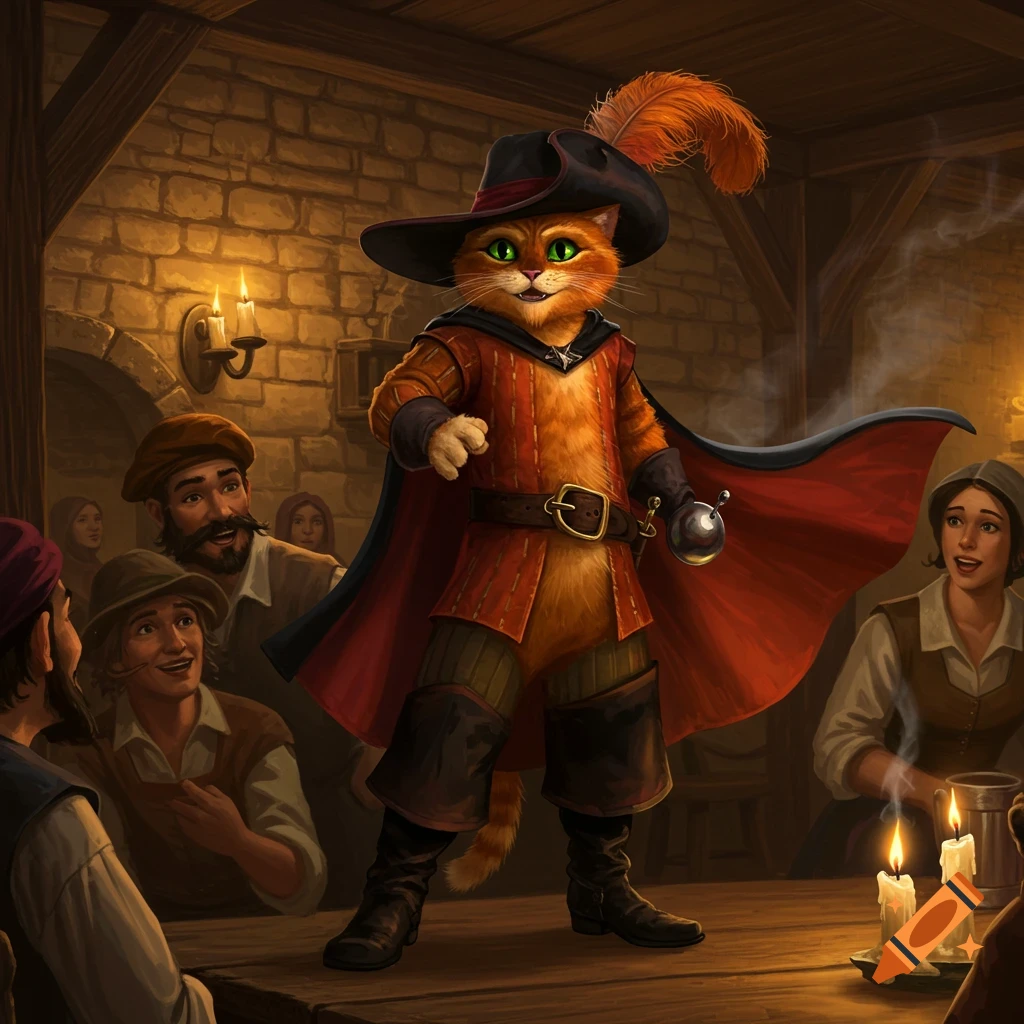 Puss in Boots stands on a wooden table in a dimly lit tavern, entertaining smiling patrons.