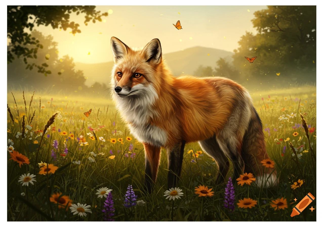 A red fox stands in a sunlit field of colorful wildflowers with butterflies at sunset.