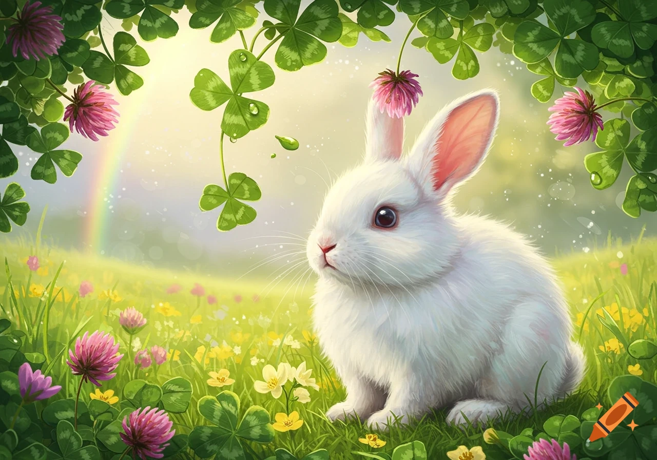 A white bunny sits in a lush green field of clovers and wildflowers with a rainbow in the background, illustrative style.