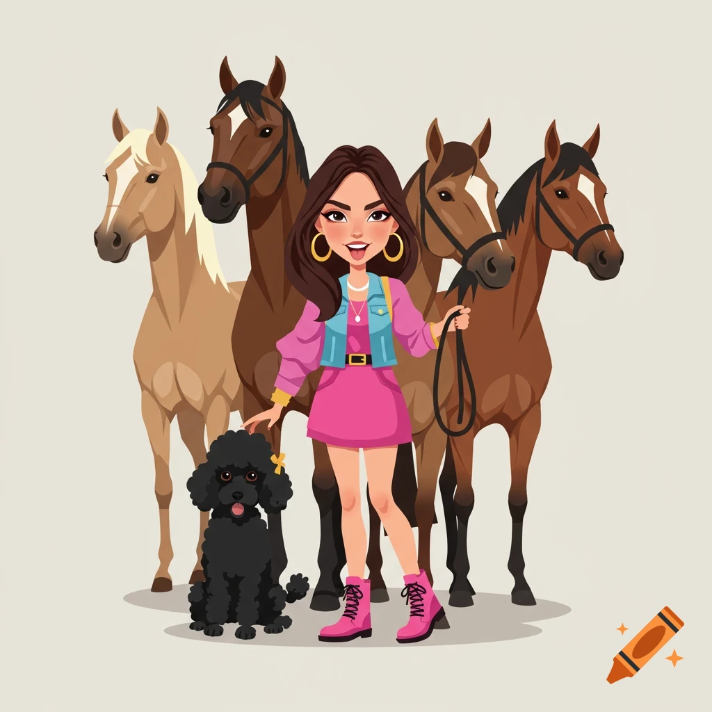 An illustrated portrait of a young brunette woman in a pink dress and blue vest, standing with her black poodle and three horses.