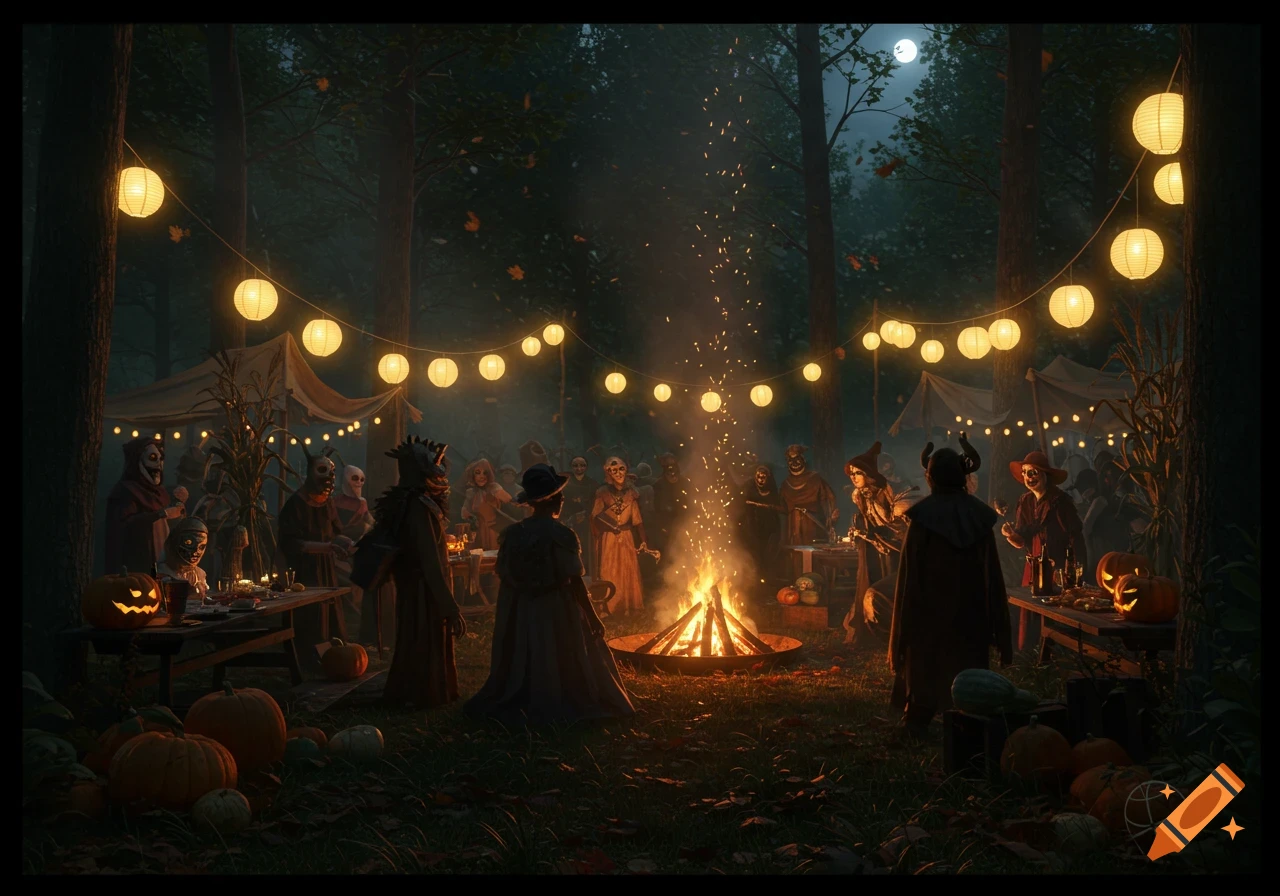 A nighttime Halloween party in a dark forest with costumed figures gathered around a bonfire, illuminated by string lanterns and a full moon.