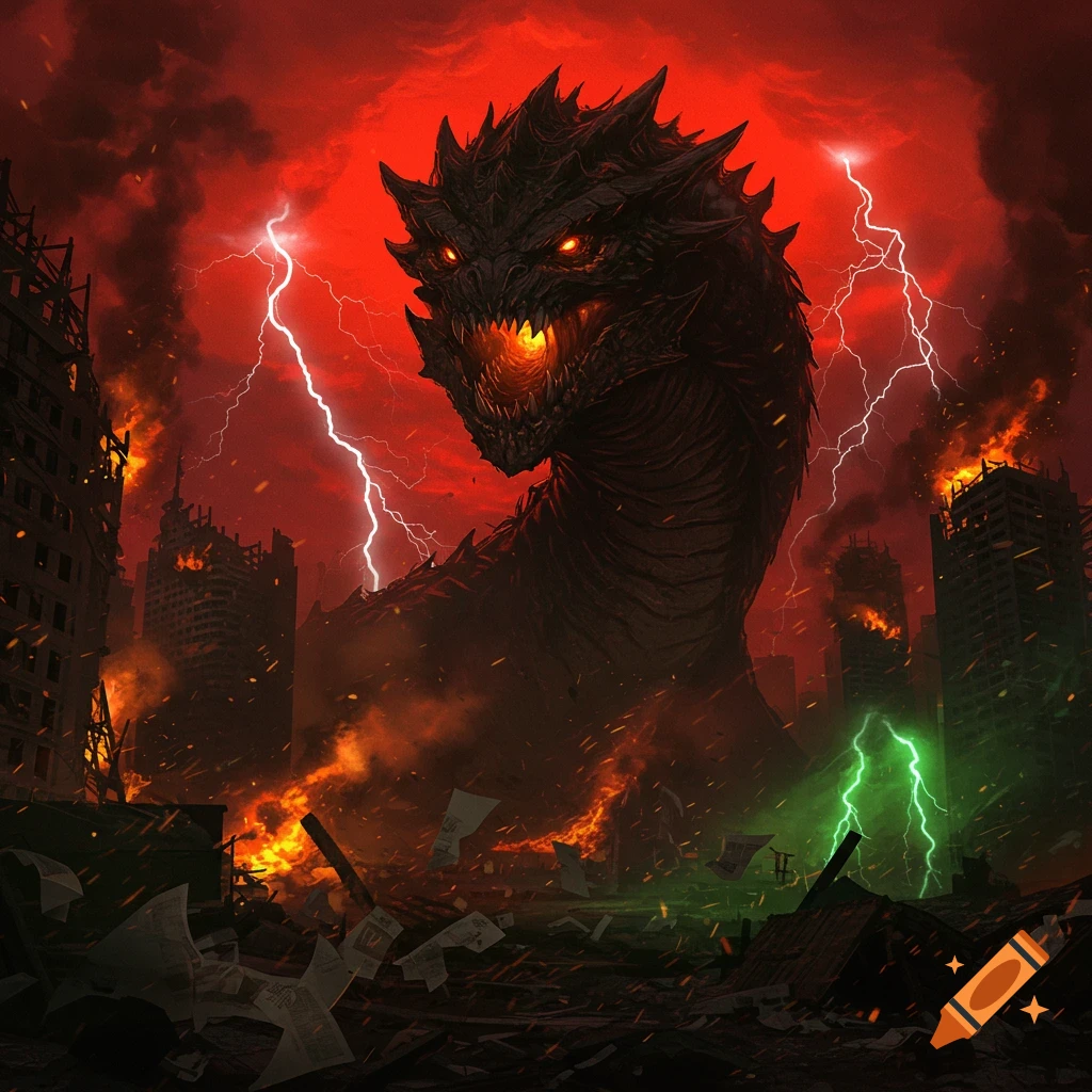 A dark, spiky monster with glowing red eyes and a fiery mouth towers over a burning, ruined city under a red, lightning-filled sky.