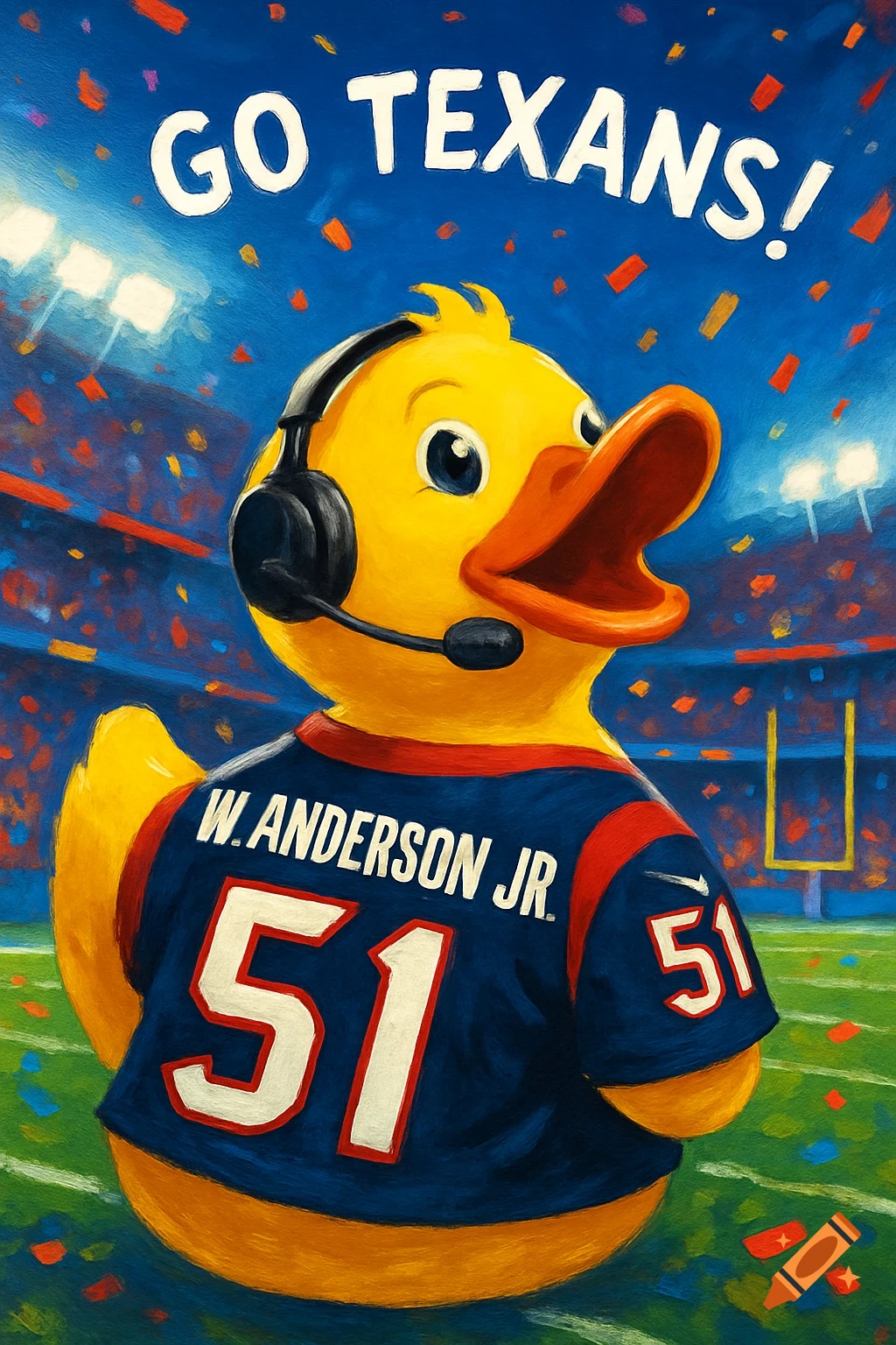 Painted rubber duck in a football jersey with 'W. ANDERSON JR. 51' and headset in a stadium with confetti, text 'GO TEXANS!'