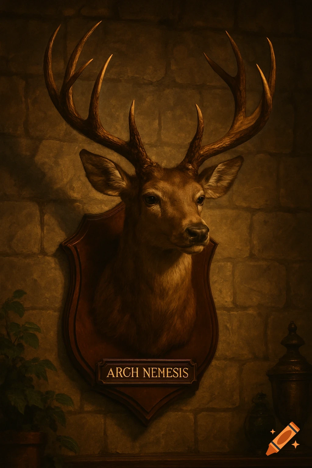 A photorealistic taxidermied deer head with large antlers mounted on a wooden plaque, labeled "ARCH NEMESIS", against a brick wall.
