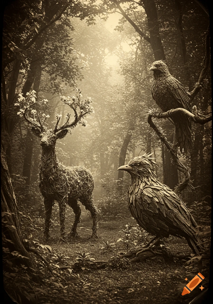 A sepia-toned antique photograph of plant sculptures of a deer and two birds in a misty forest.