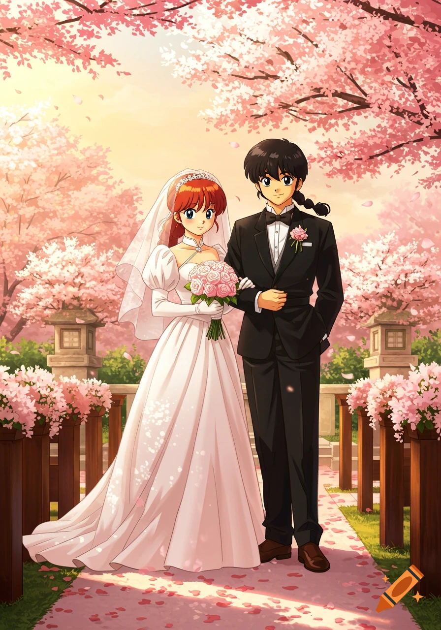 Anime couple, a man in a tuxedo and a woman in a wedding dress, walk under blooming cherry trees.