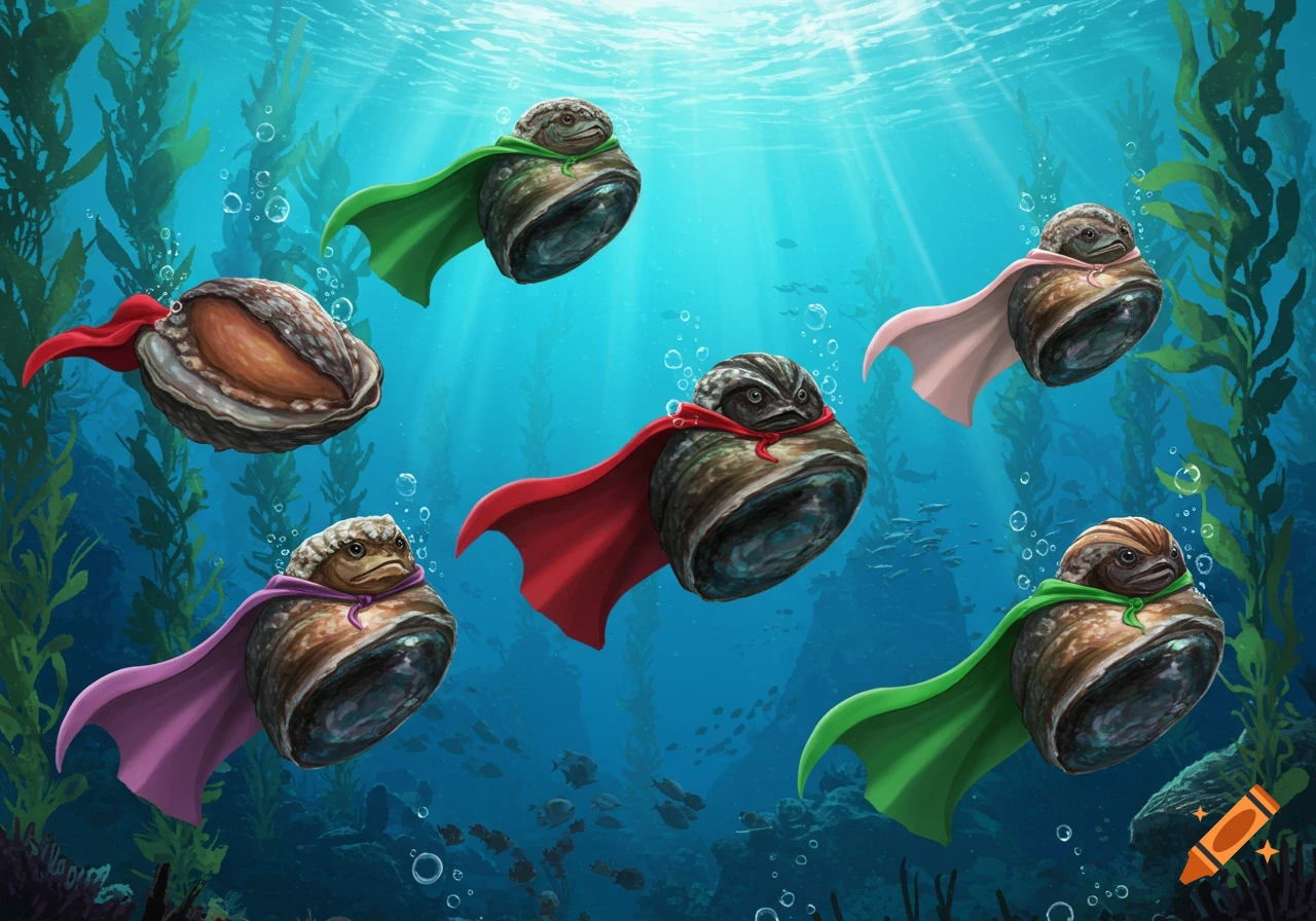 Six cartoon abalones with serious faces and colorful superhero capes swim underwater among kelp and small fish, with sunlight streaming from above.