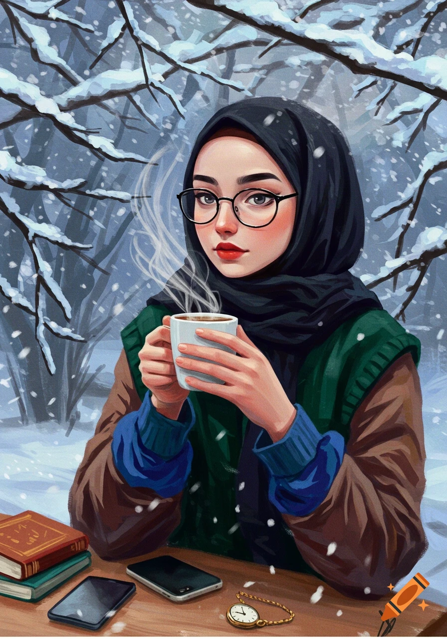 A vibrant illustration of a Muslim girl in hijab and glasses, holding a steaming cup in a snowy setting with books on a table.