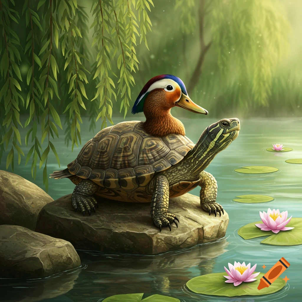 A vibrant mandarin duck-headed turtle sits on a rock in a pond with water lilies and lush green foliage.