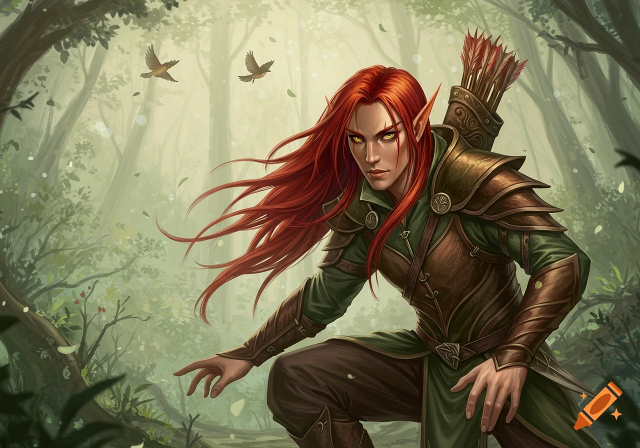 Illustration of a red-haired elf hunter with glowing yellow eyes, wearing green and brown armor, crouching in a misty forest with birds flying.