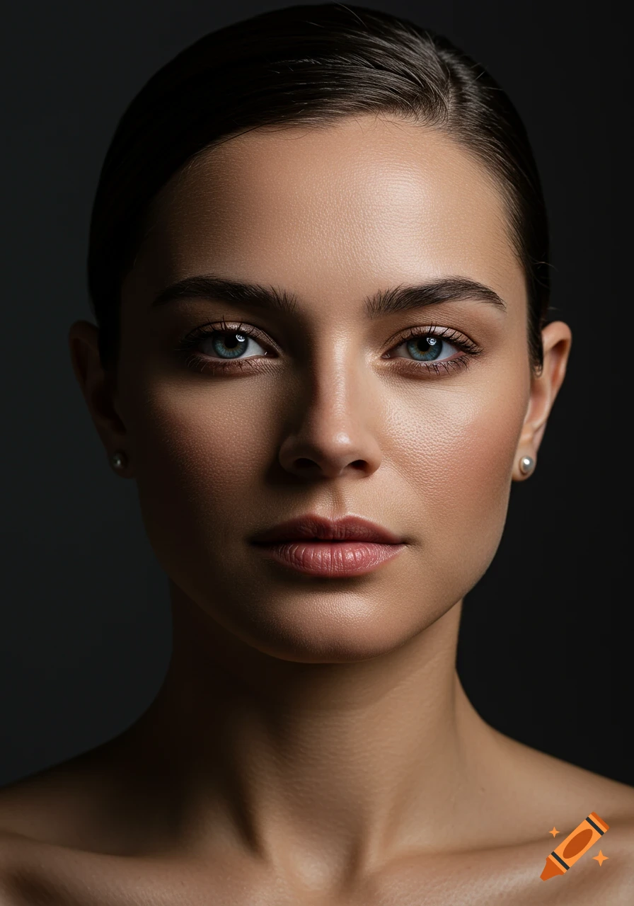 Close-up studio portrait of a woman with blue eyes, subtle makeup, and dark hair pulled back, against a dark background.