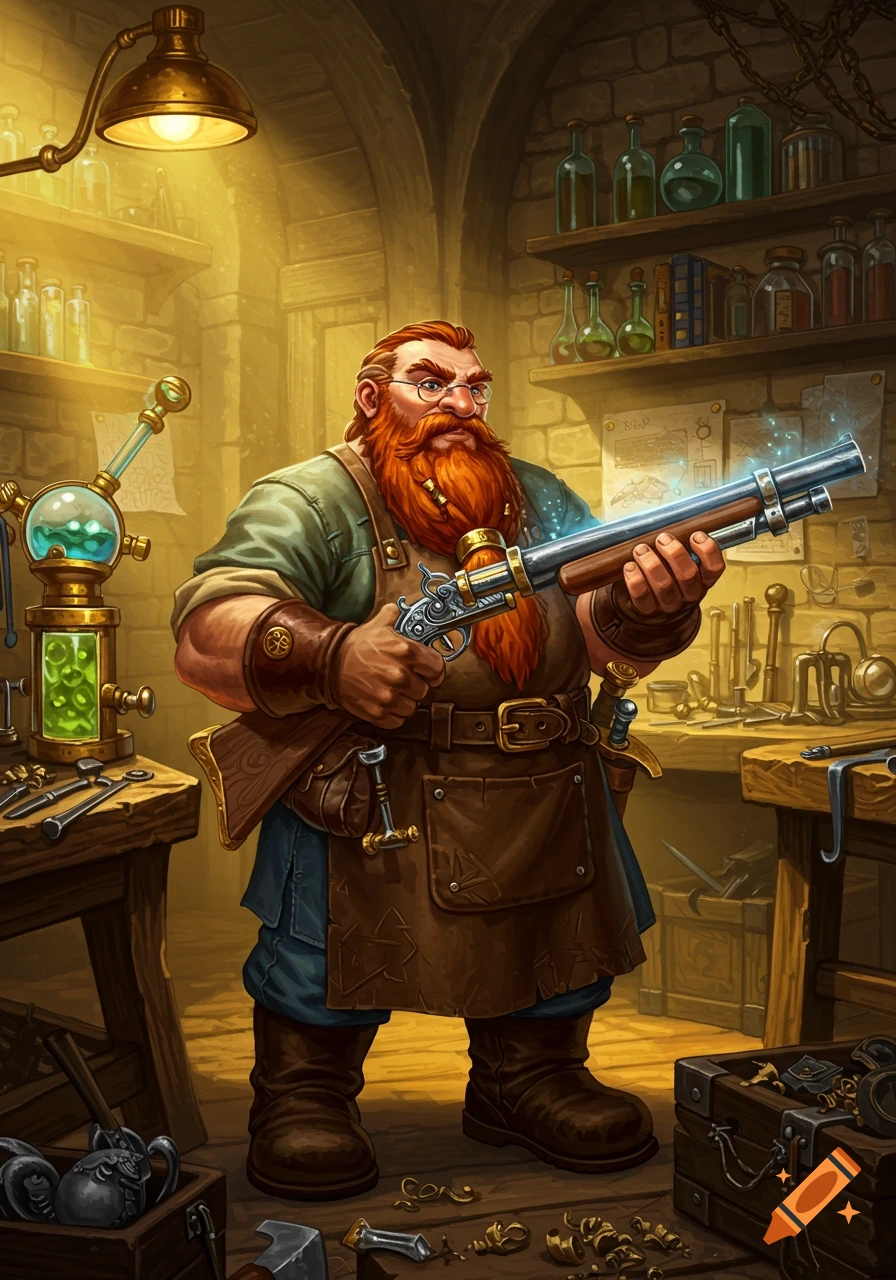 A muscular dwarf artificer with a long red beard and glasses stands in a cluttered workshop, holding a glowing magical gun.
