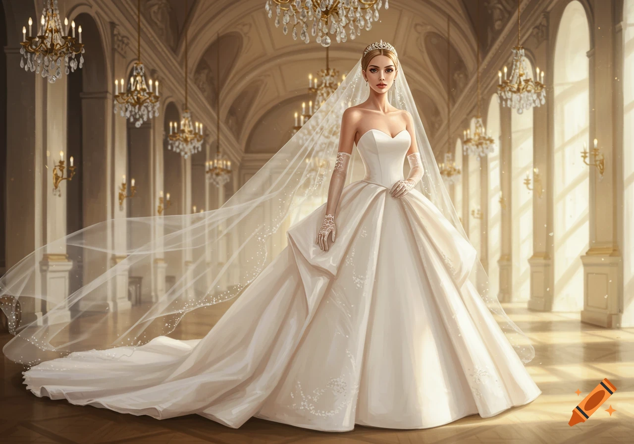 A woman in a flowing white princess wedding gown, veil, and tiara stands in a grand, ornate hall with chandeliers.