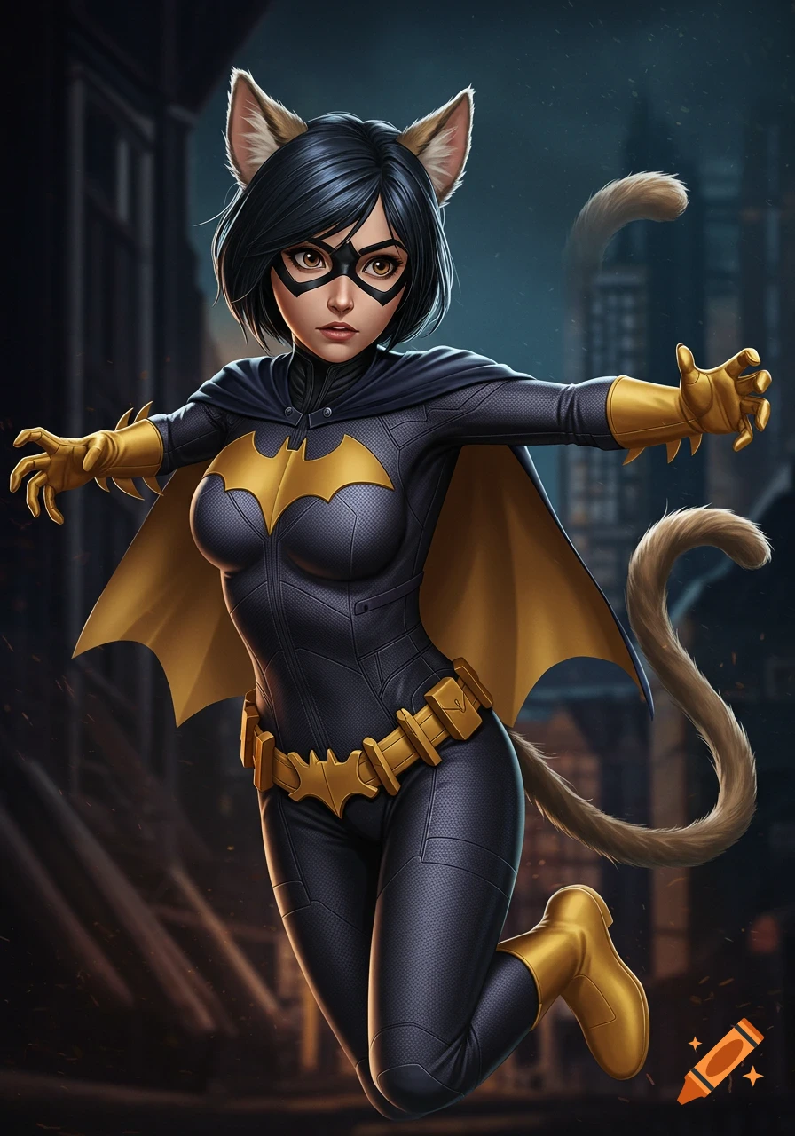 A short-haired Batgirl with cat ears and tail, in her black and gold suit, leaps against a dark city backdrop in a digital illustration.