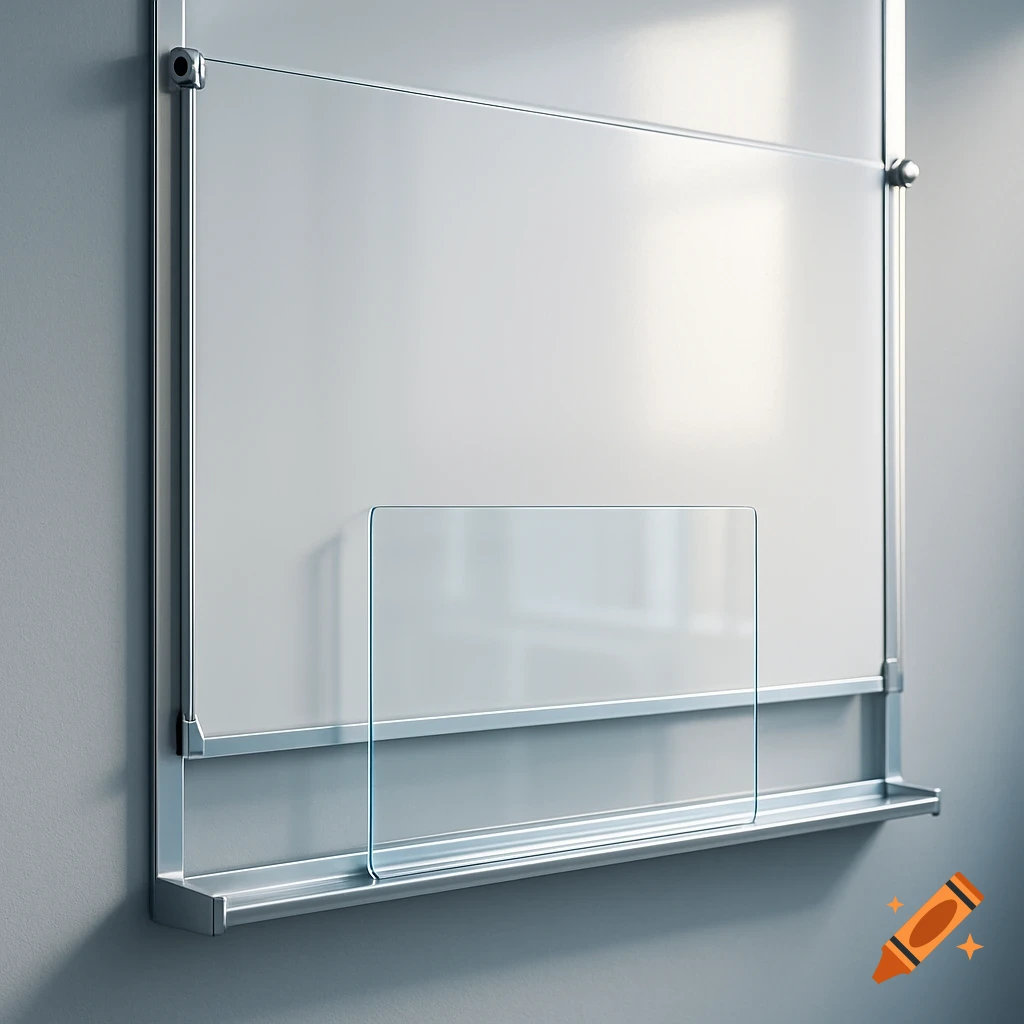 Whiteboard with a transparent plexiglass barrier above a marker tray, mounted on a grey wall.