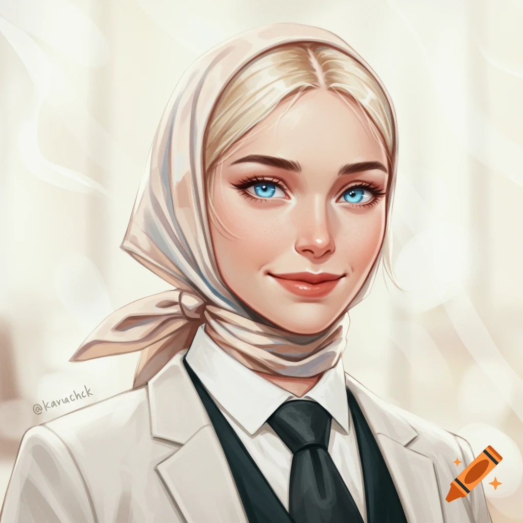 Illustrated portrait of a blonde woman with blue eyes, wearing a cream headscarf, white shirt, black tie, and white blazer.