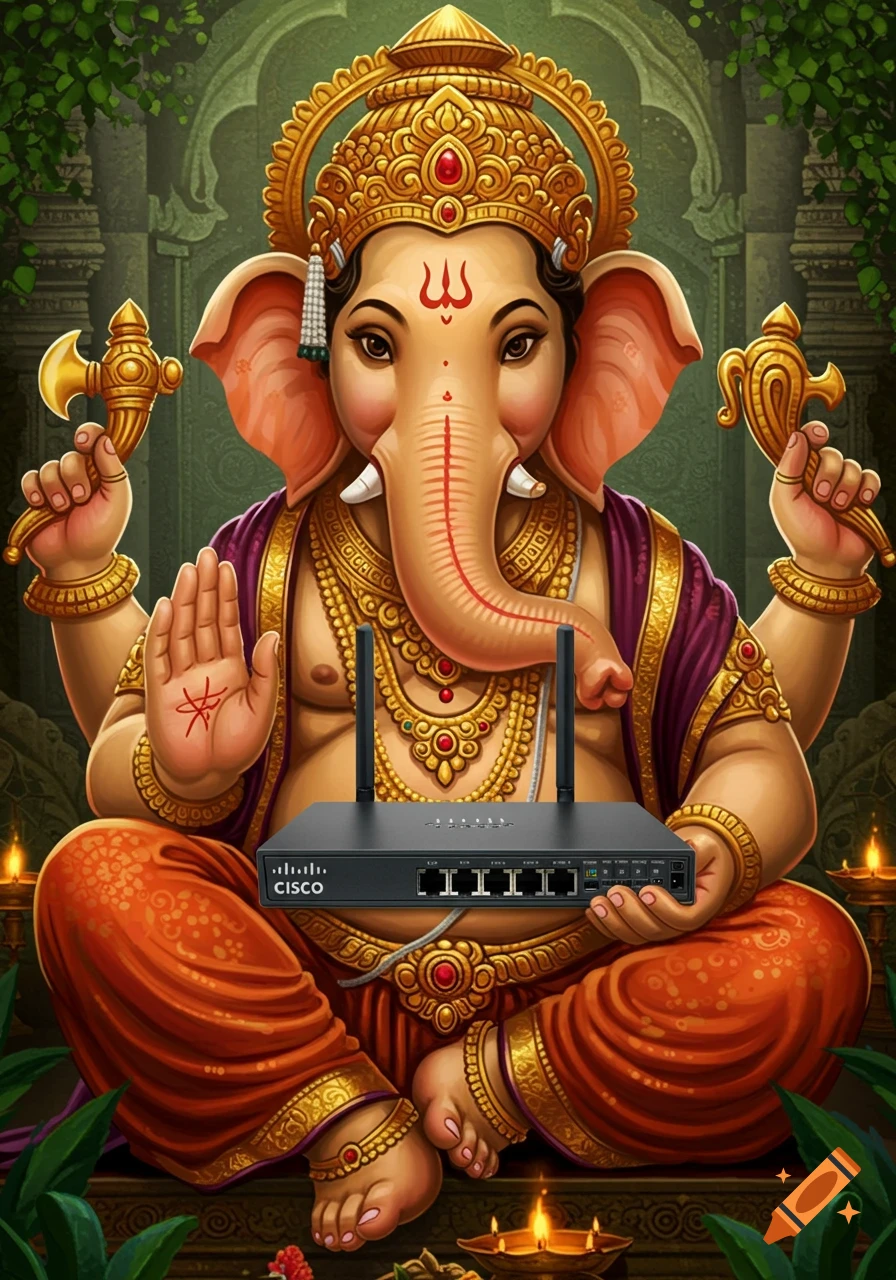 Stylized illustration of Ganesha, a Hindu deity, sitting and holding a black Cisco router with multiple ports and antennas.