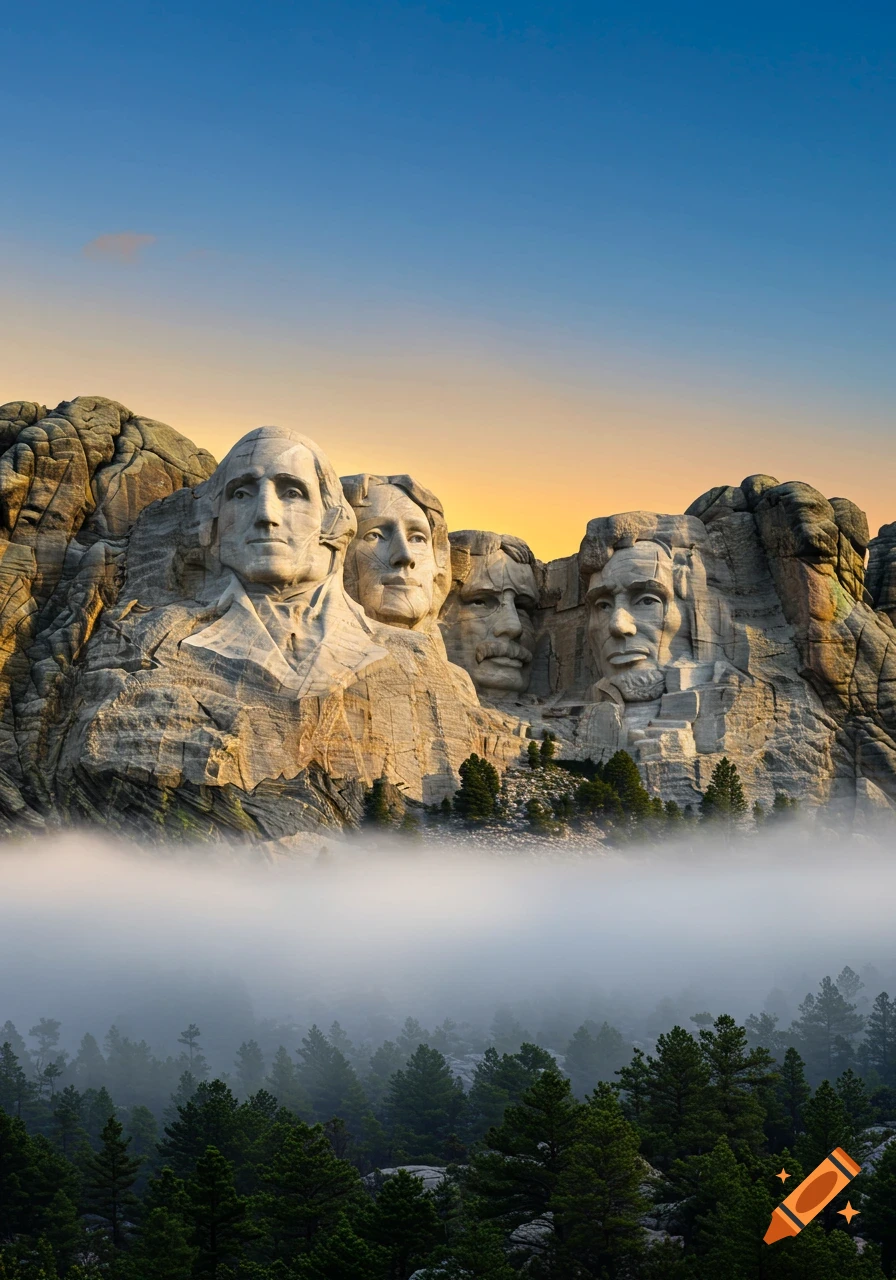Photorealistic image of Mount Rushmore, featuring four faces carved into a mountain, depicting individuals with East Asian features. Mist obscures the lower part of the mountain, with evergreen trees visible below, all under a clear blue and orange sky.