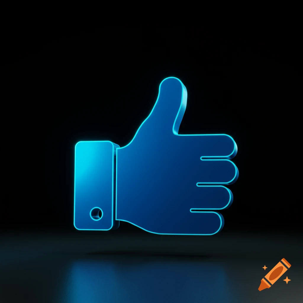 A glowing blue 3D thumbs-up icon against a dark background.