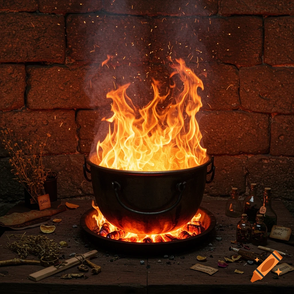 A large black cauldron filled with roaring flames and glowing embers, surrounded by alchemical items on a wooden table against a brick wall.
