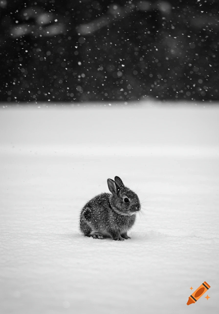 A small baby rabbit sitting alone in a snowfield with flakes falling, rendered in black and white.