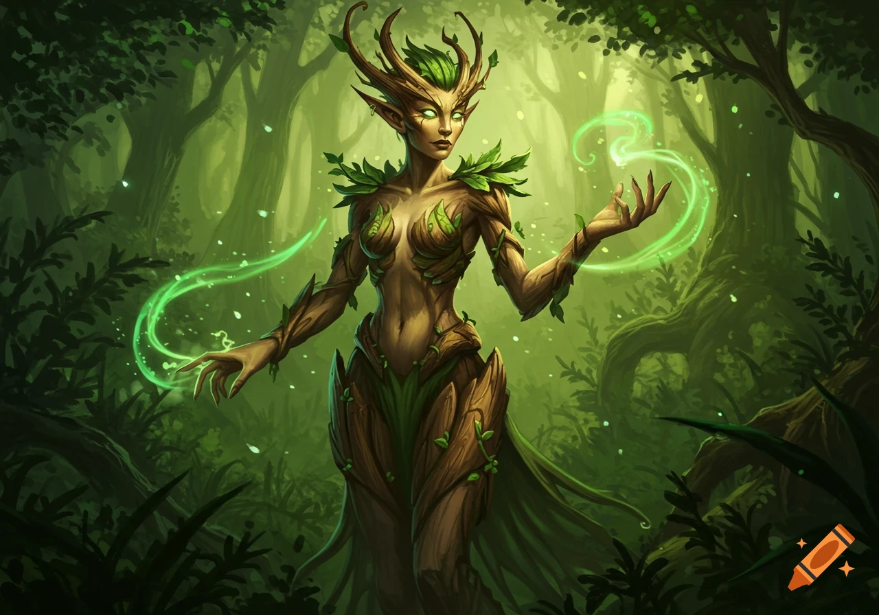 An illustrative fantasy dryad with bark skin and leaves, casting green magic in a lush forest.