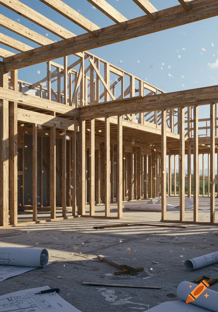Photorealistic image of a wooden house frame under construction, with blueprints and tools on a concrete floor.
