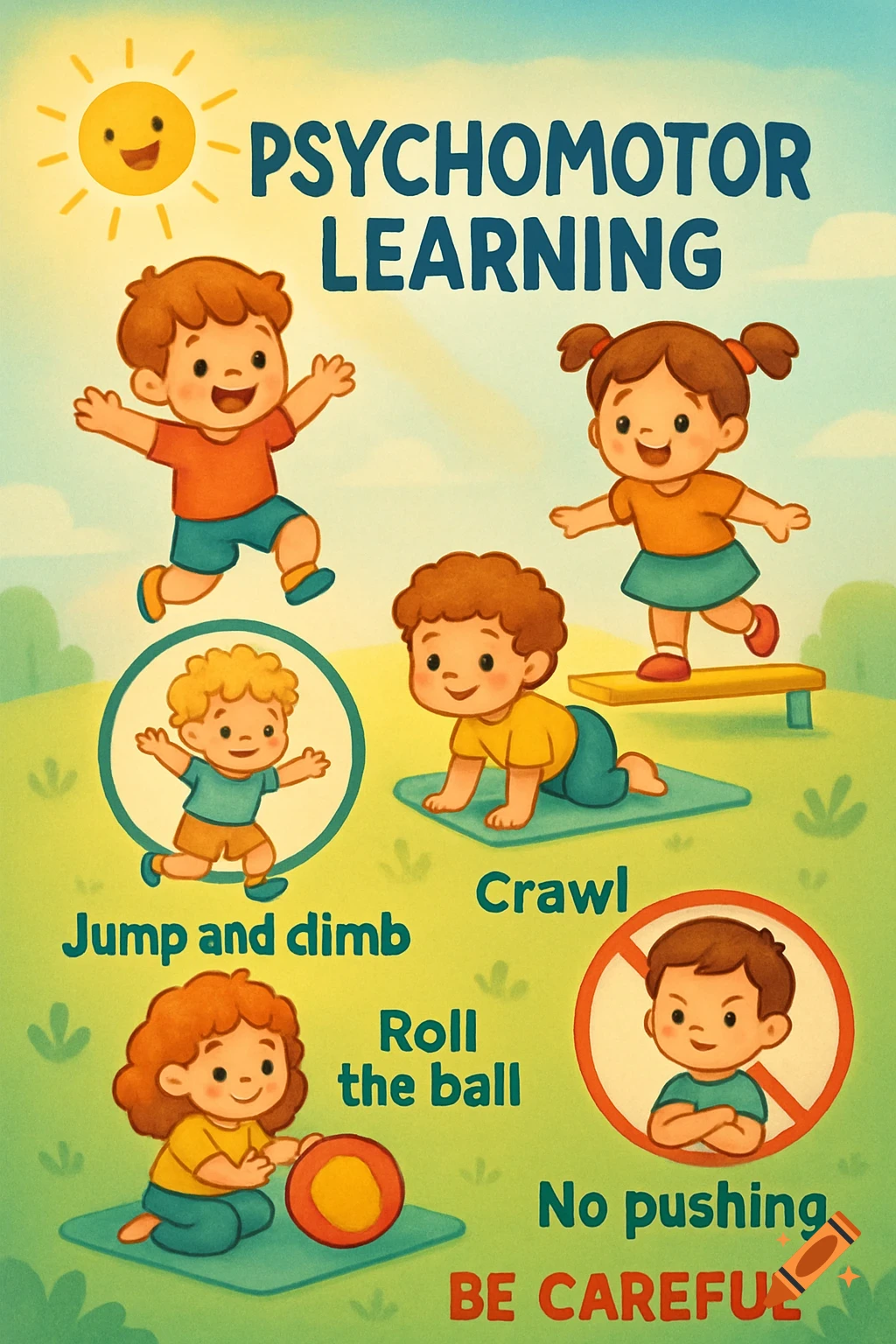 Vibrant cartoon educational poster for children, illustrating psychomotor activities like jumping, crawling, rolling a ball, and a 'no pushing' rule.