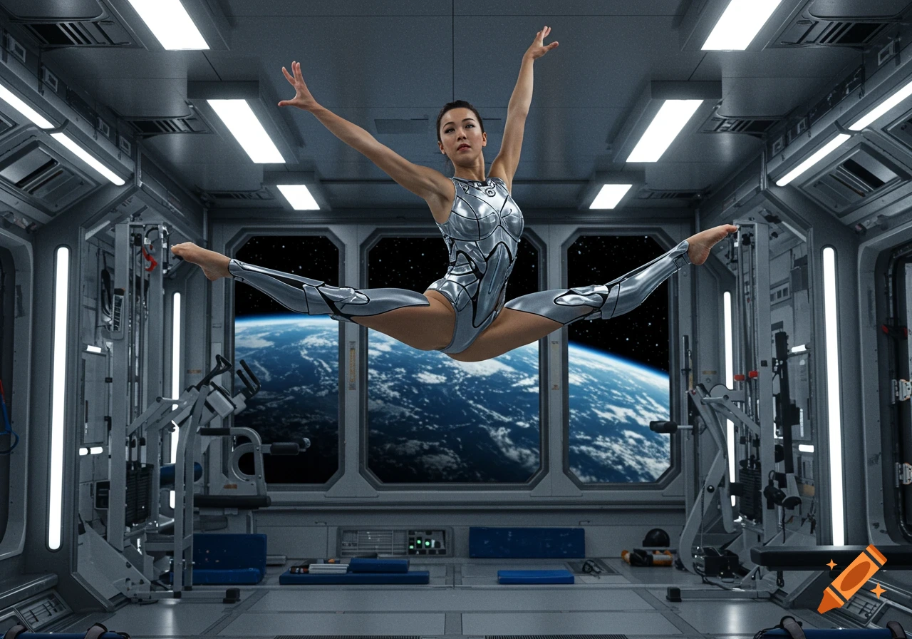 A woman in a futuristic, biomechanical leotard performs a straddle jump inside a photorealistic space station gym with Earth visible through windows.