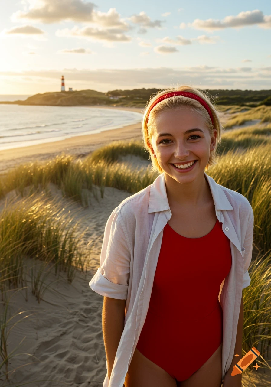 Photorealistic portrait of a smiling young woman in a red swimsuit and white shirt on a sandy dune, with a beach and lighthouse at sunset.