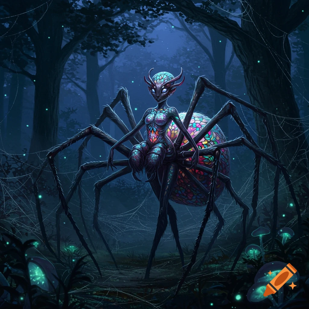 A fantastical spider-humanoid creature with a colorful, stained-glass-like abdomen sits in a dark, glowing forest.