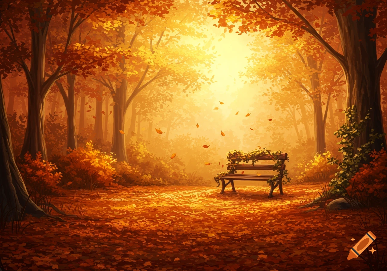 An autumn forest scene with golden light, falling leaves, and a wooden bench covered in vines on a leaf-strewn path.
