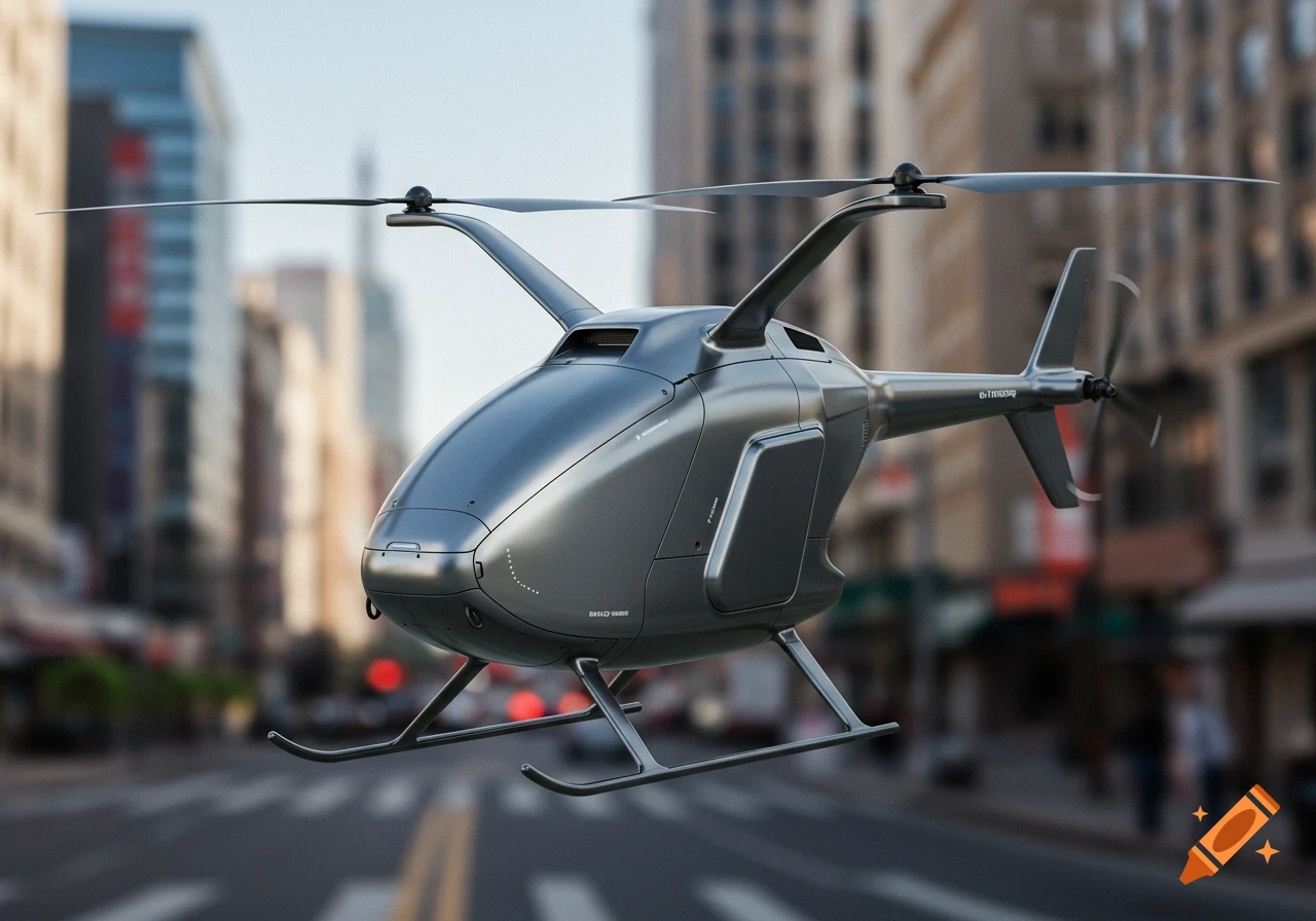 A sleek, silver futuristic drone or helicopter hovers above a blurred city street.